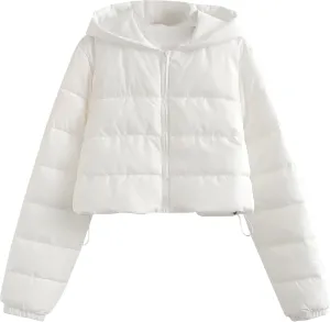 Women's Winter Casual Crop Puffer Jacket Teen Girl Hooded Cotton Padded Jacket Y2K Pockets Baggy Short Coats