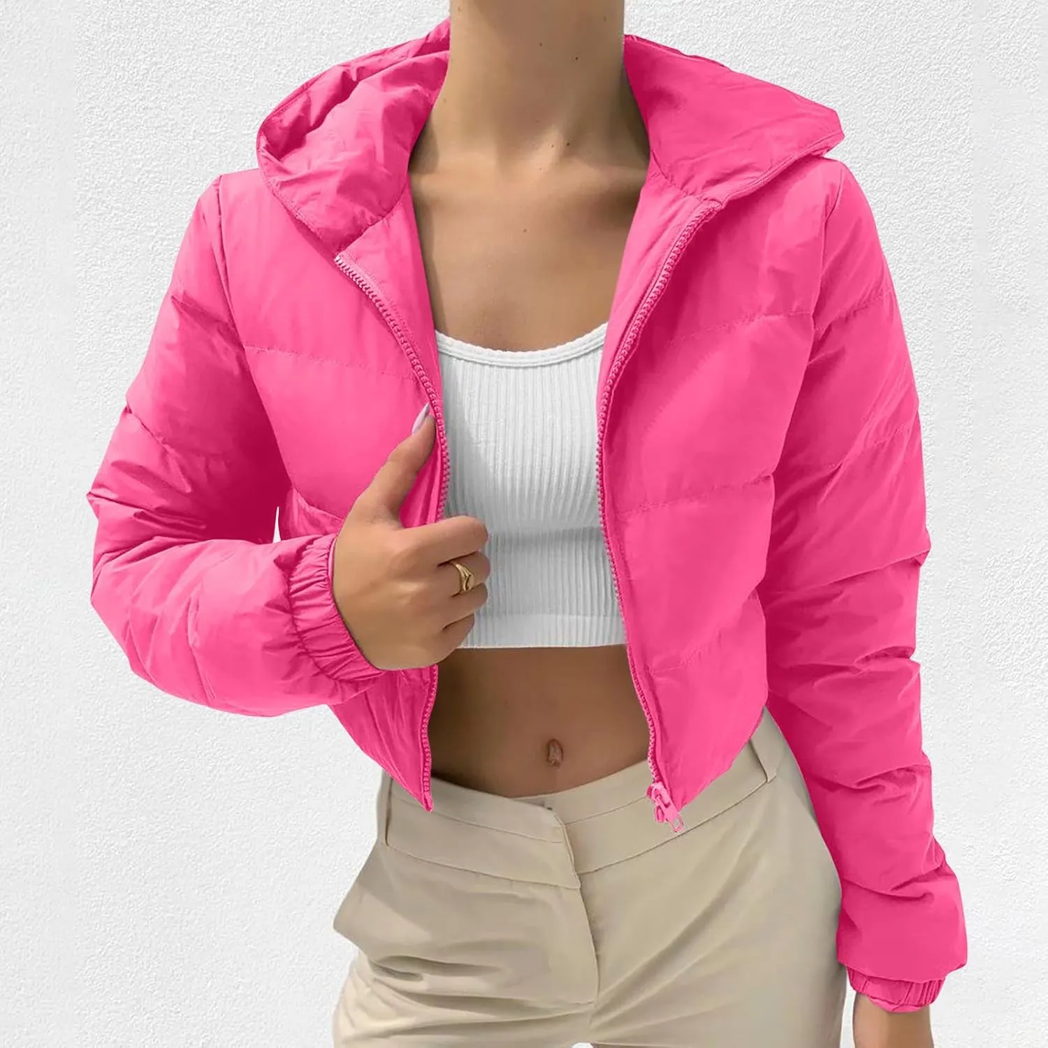 Women's Winter Casual Crop Puffer Jacket Teen Girl Hooded Cotton Padded Jacket Y2K Pockets Baggy Short Coats