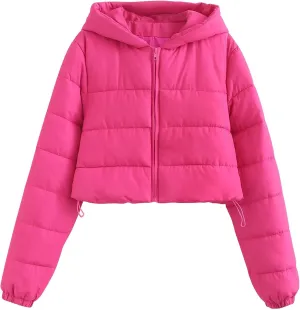 Women's Winter Casual Crop Puffer Jacket Teen Girl Hooded Cotton Padded Jacket Y2K Pockets Baggy Short Coats