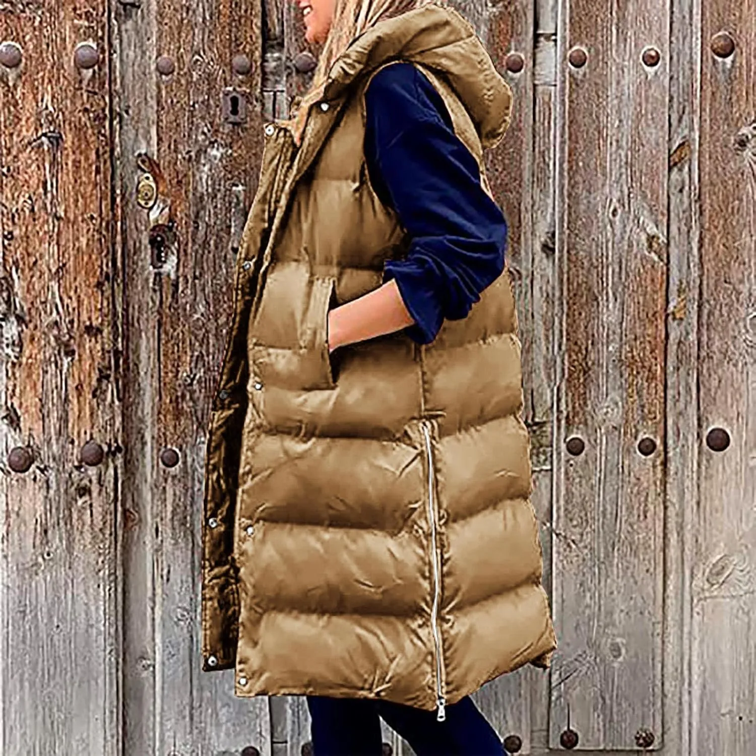 Women's Winter Hooded Puffer Vest Side Zip Casual Sleeveless Long Coats Jacket Warm Quilted Cotton Padded Gilet Outwear