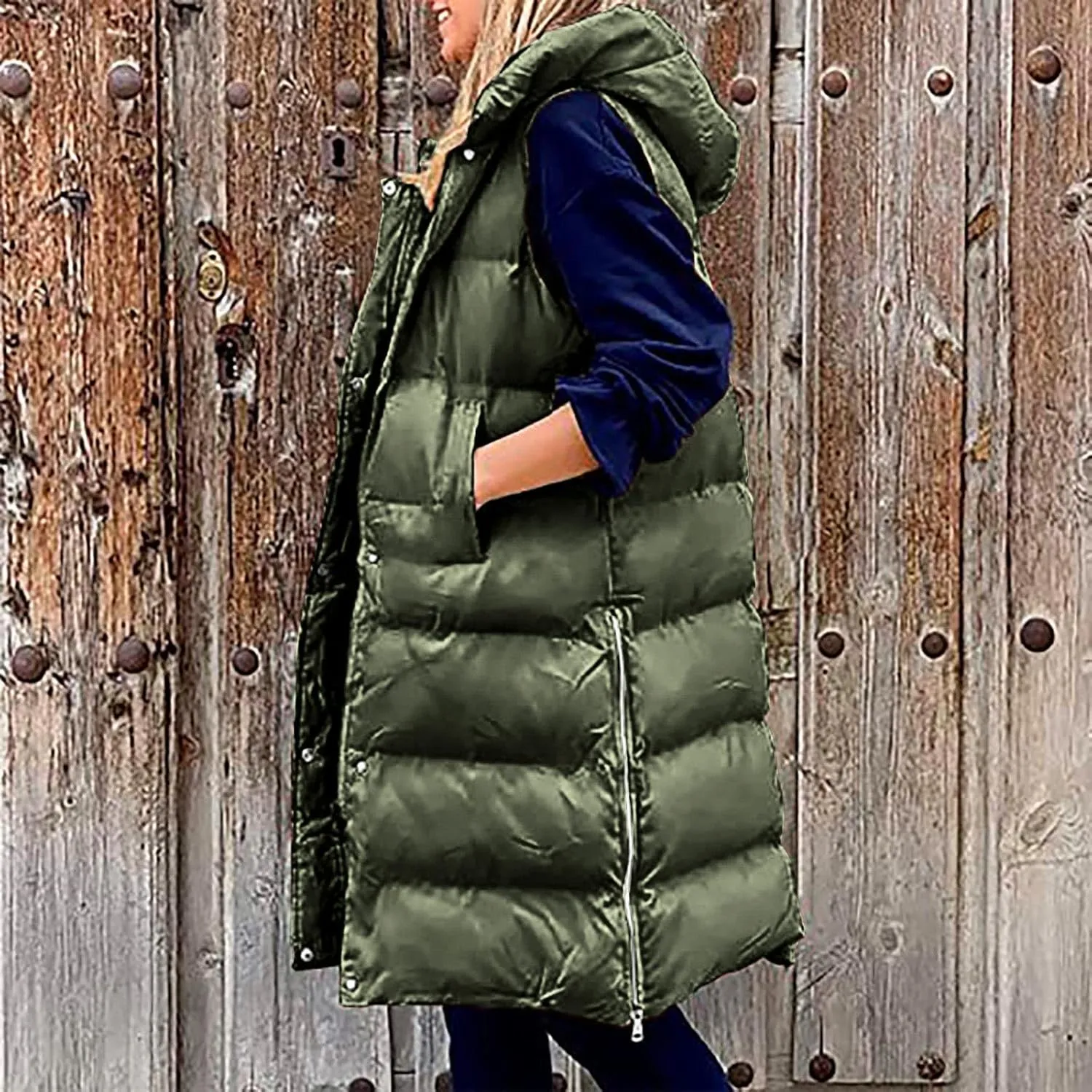 Women's Winter Hooded Puffer Vest Side Zip Casual Sleeveless Long Coats Jacket Warm Quilted Cotton Padded Gilet Outwear