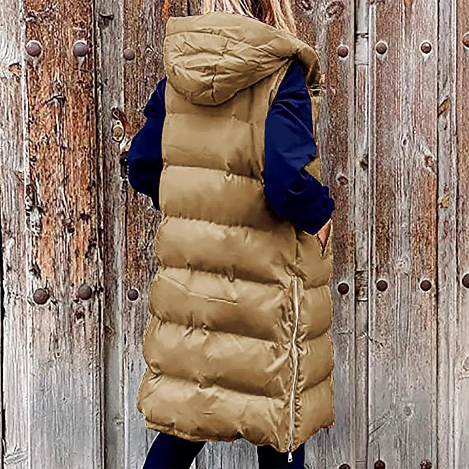 Women's Winter Hooded Puffer Vest Side Zip Casual Sleeveless Long Coats Jacket Warm Quilted Cotton Padded Gilet Outwear