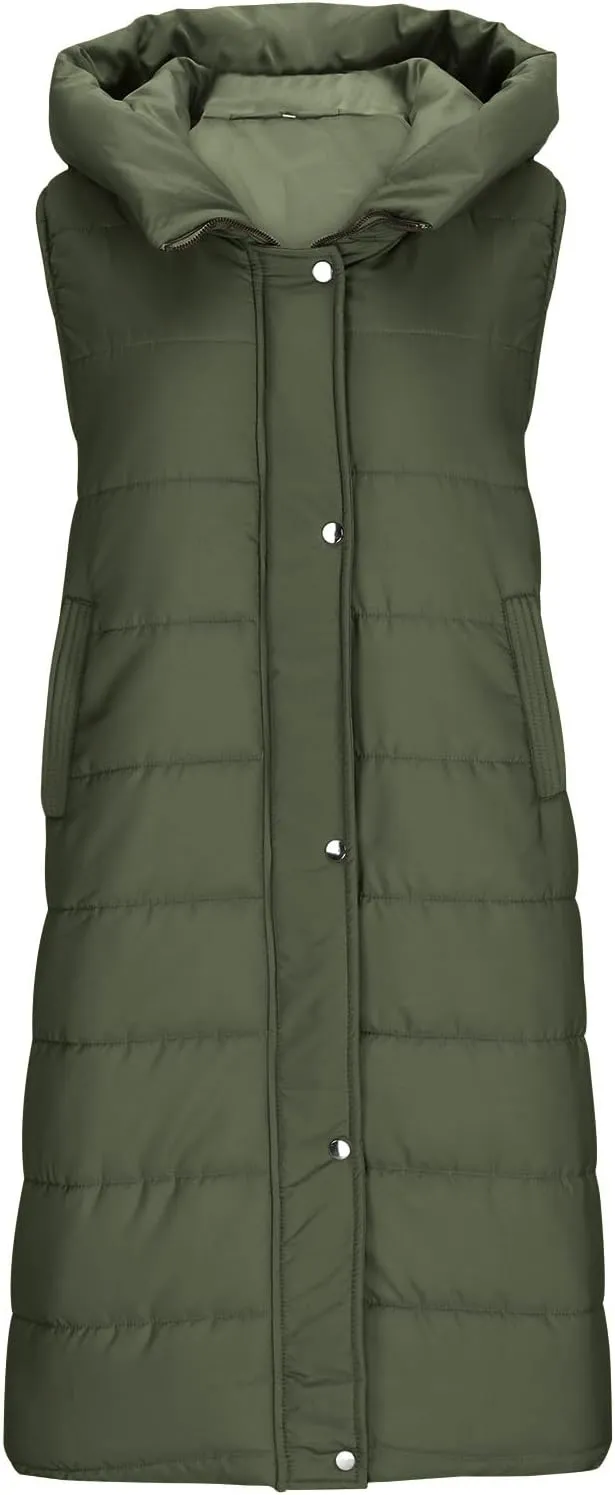 Women's Winter Hooded Puffer Vest Side Zip Casual Sleeveless Long Coats Jacket Warm Quilted Cotton Padded Gilet Outwear