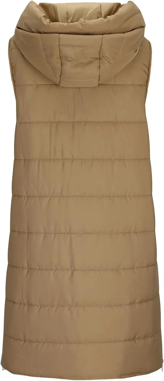 Women's Winter Hooded Puffer Vest Side Zip Casual Sleeveless Long Coats Jacket Warm Quilted Cotton Padded Gilet Outwear