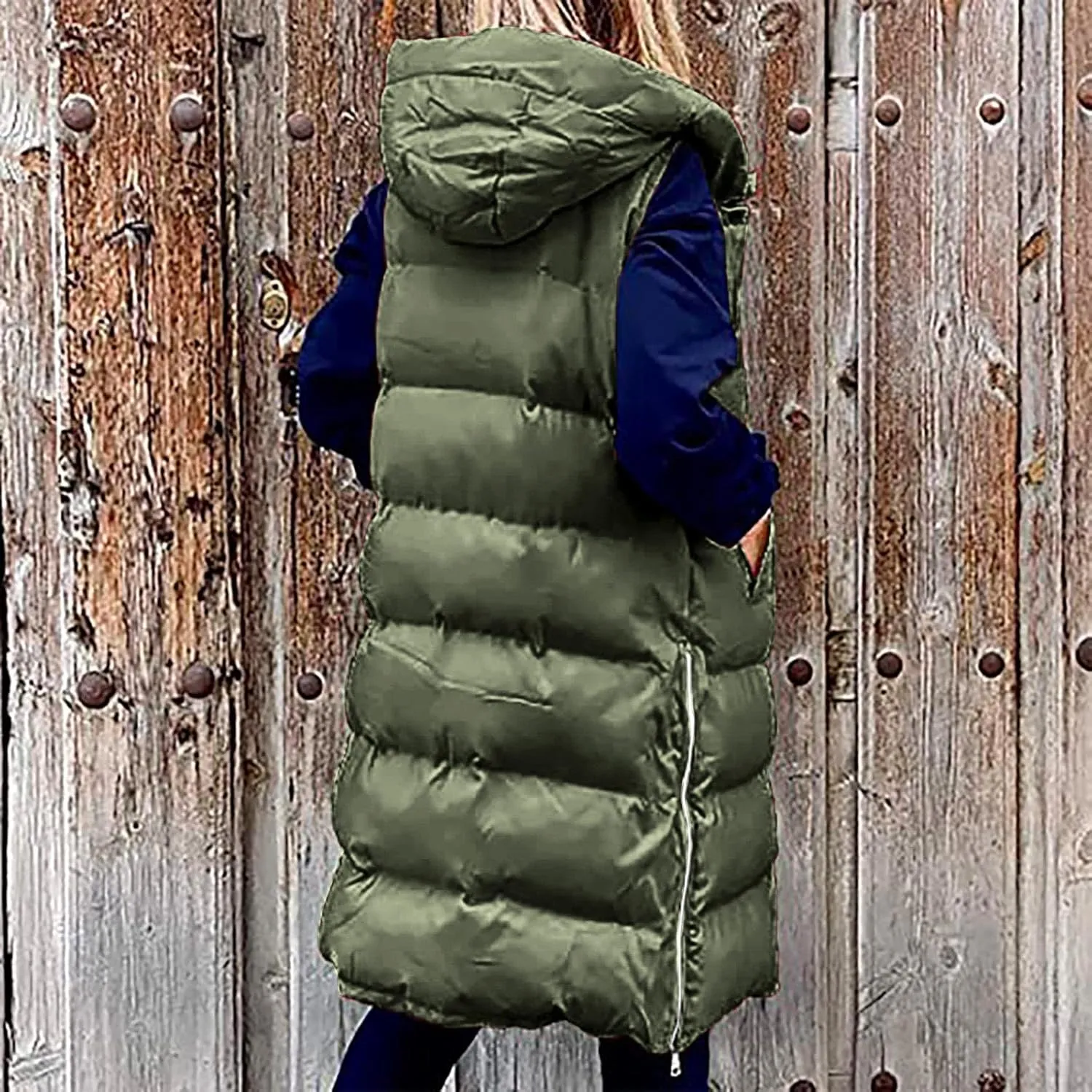 Women's Winter Hooded Puffer Vest Side Zip Casual Sleeveless Long Coats Jacket Warm Quilted Cotton Padded Gilet Outwear