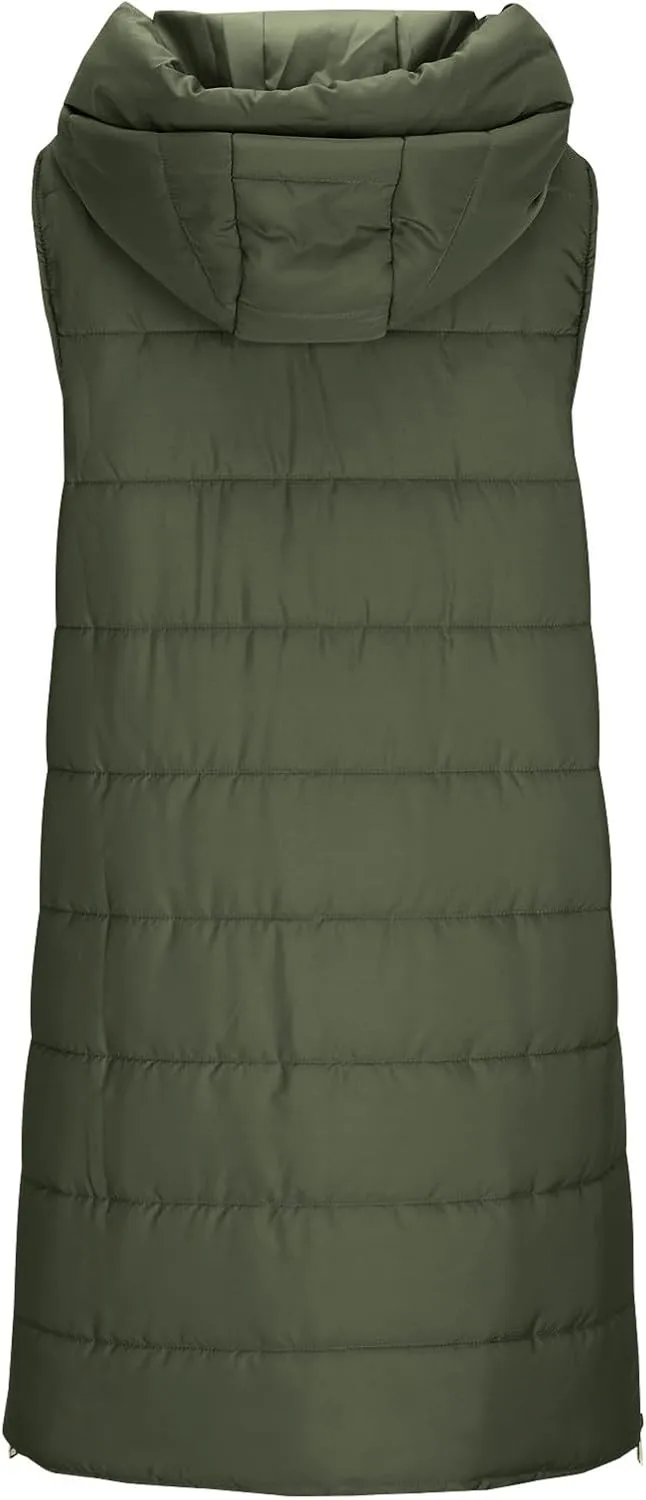 Women's Winter Hooded Puffer Vest Side Zip Casual Sleeveless Long Coats Jacket Warm Quilted Cotton Padded Gilet Outwear