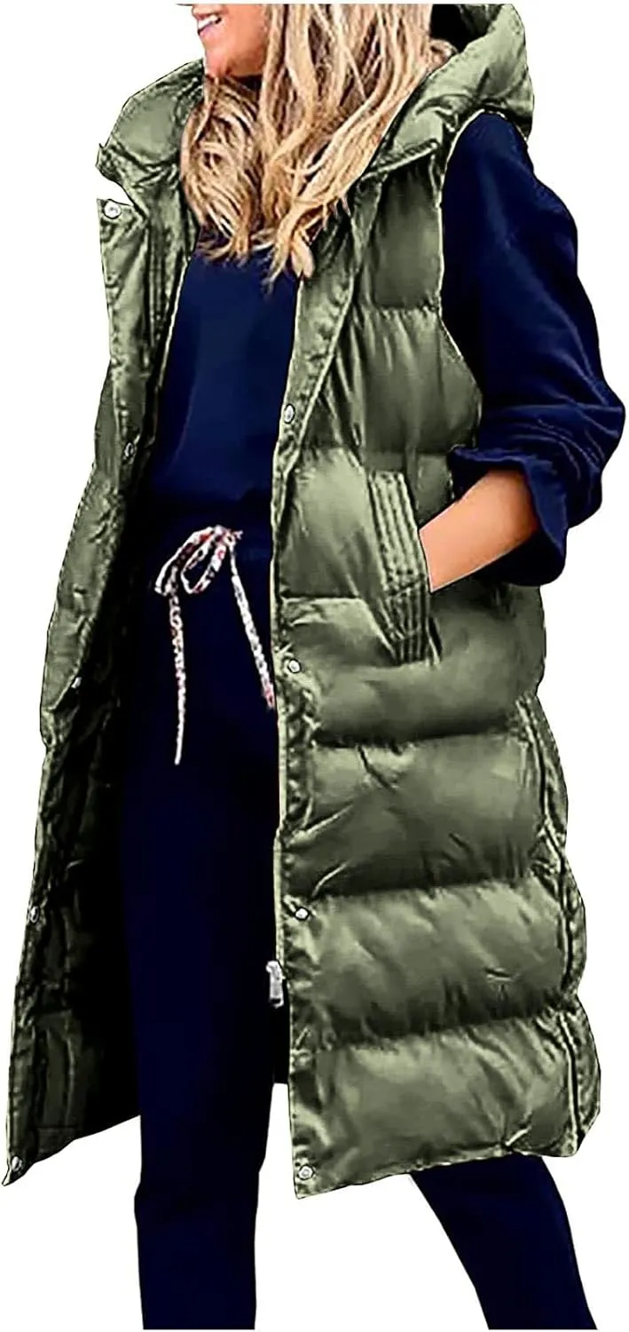 Women's Winter Hooded Puffer Vest Side Zip Casual Sleeveless Long Coats Jacket Warm Quilted Cotton Padded Gilet Outwear