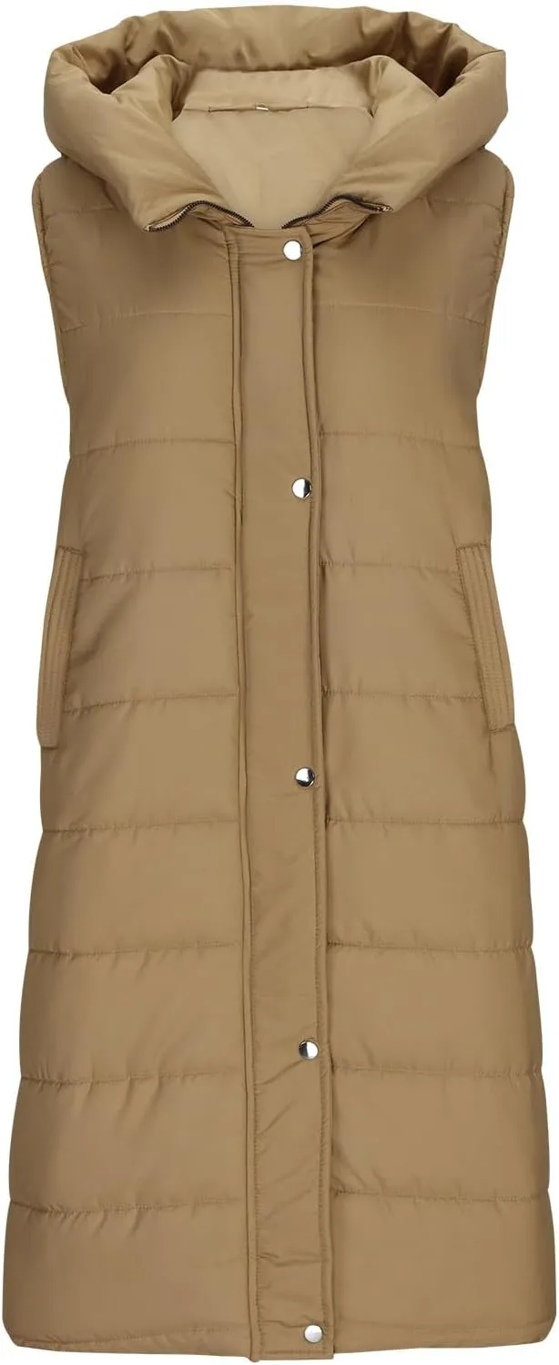 Women's Winter Hooded Puffer Vest Side Zip Casual Sleeveless Long Coats Jacket Warm Quilted Cotton Padded Gilet Outwear