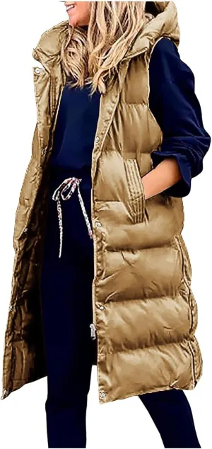 Women's Winter Hooded Puffer Vest Side Zip Casual Sleeveless Long Coats Jacket Warm Quilted Cotton Padded Gilet Outwear