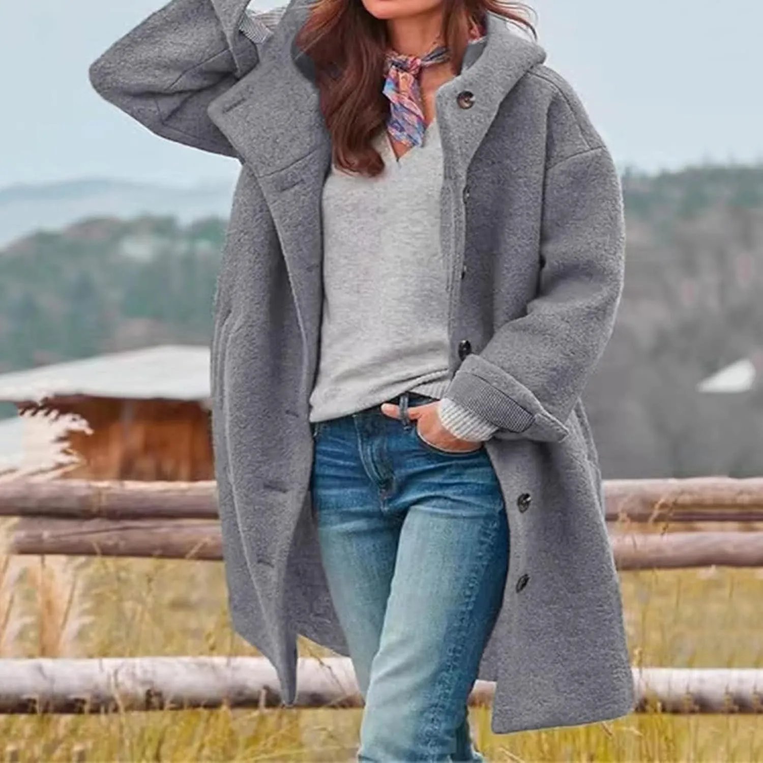 Women's Winter Wool Coat Casual Long Hooded Jacket Warm Fleece Single-Breasted Peacoat Fashion Mid Long Trench Coat