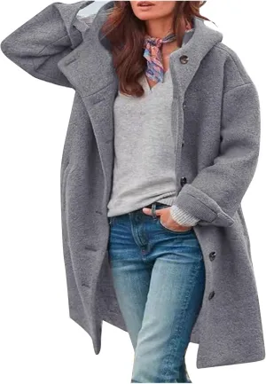 Women's Winter Wool Coat Casual Long Hooded Jacket Warm Fleece Single-Breasted Peacoat Fashion Mid Long Trench Coat