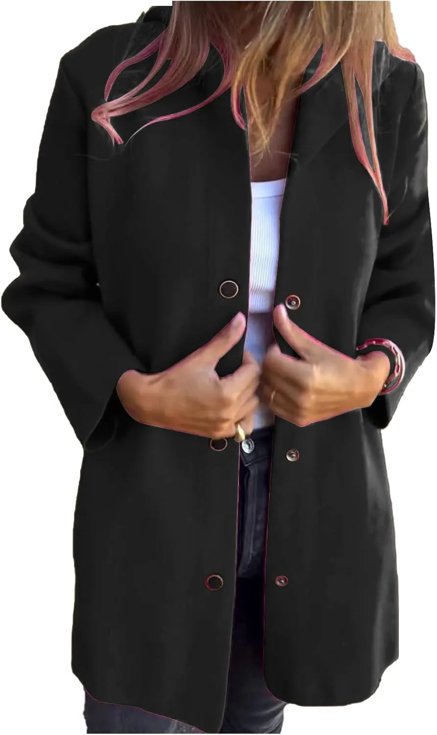 Women's Winter Wool Coat Casual Long Sleeve Button Down Shacket Jacket Plus Size Lapel Tartan Trench Coat with Pockets
