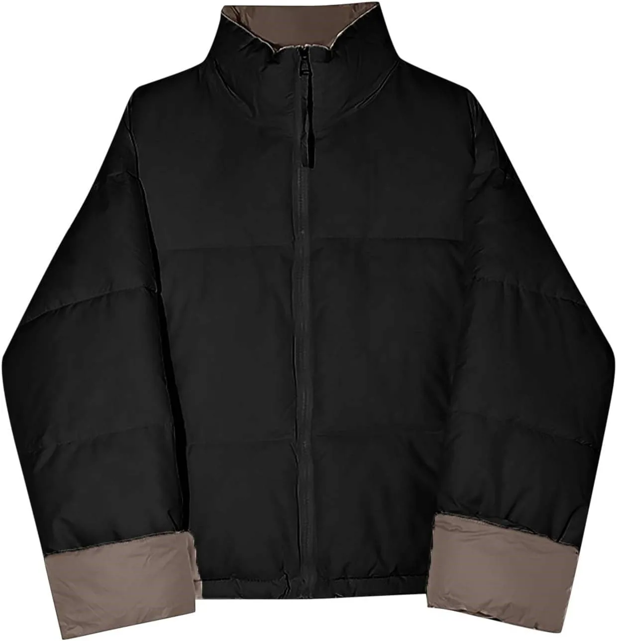 Women's Winter Zip Cotton Puffer Jacket Long Sleeve Stand Collar Baggy Thickened Down Padded Warm Coat with Pockets