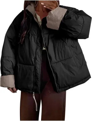 Women's Winter Zip Cotton Puffer Jacket Long Sleeve Stand Collar Baggy Thickened Down Padded Warm Coat with Pockets