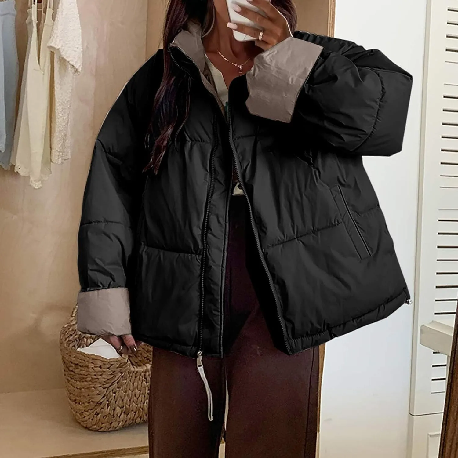 Women's Winter Zip Cotton Puffer Jacket Long Sleeve Stand Collar Baggy Thickened Down Padded Warm Coat with Pockets