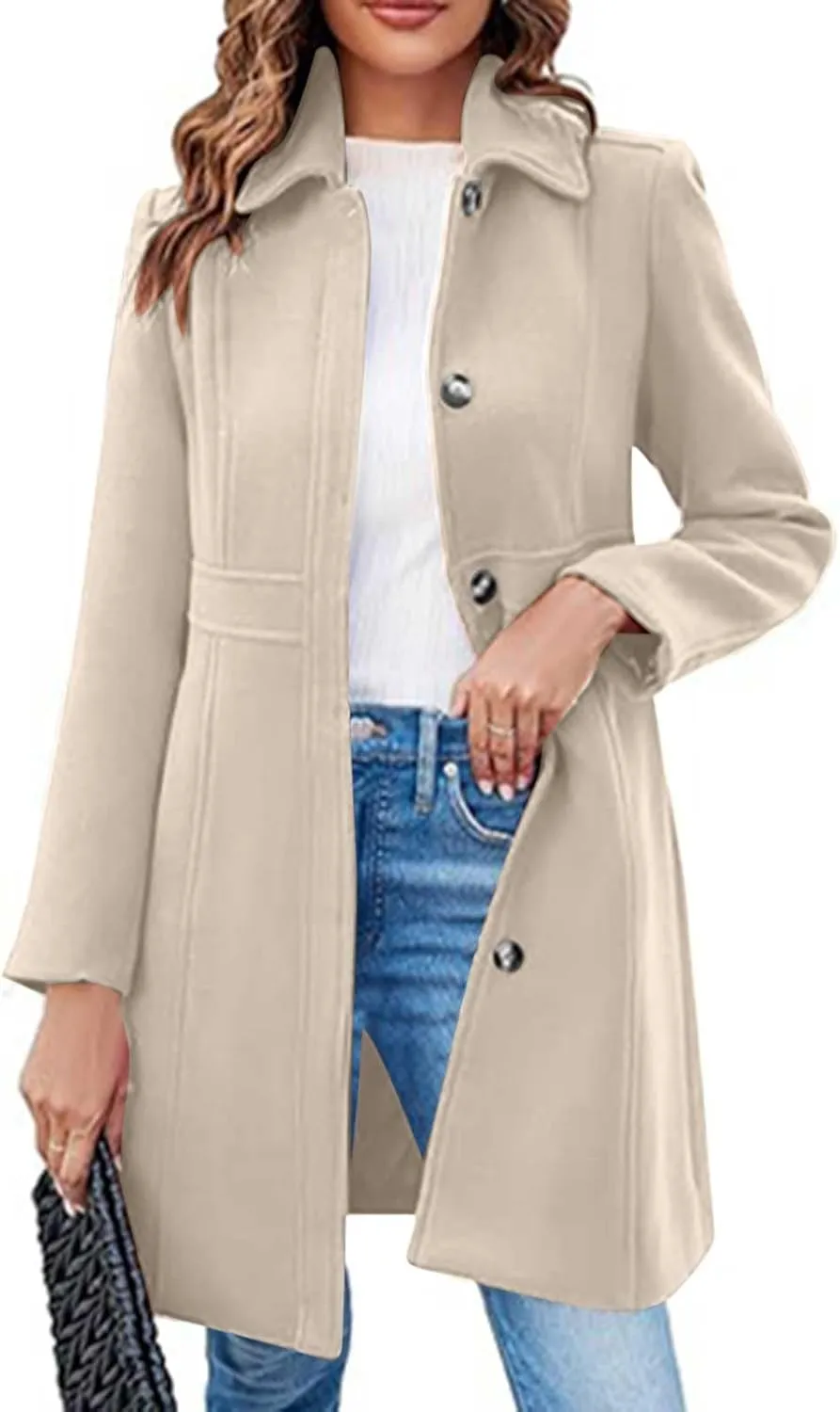 Women's Wool Blend Pea Coats Casual 2024 Lapel Collar Single Breasted Trench Coat Fall Winter Outerwear Mid Pea Coat