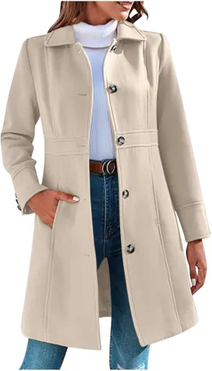Women's Wool Blend Pea Coats Casual 2024 Lapel Collar Single Breasted Trench Coat Fall Winter Outerwear Mid Pea Coat