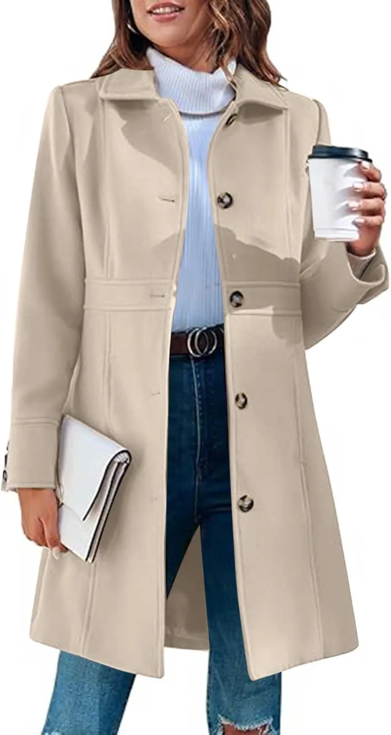Women's Wool Blend Pea Coats Casual 2024 Lapel Collar Single Breasted Trench Coat Fall Winter Outerwear Mid Pea Coat
