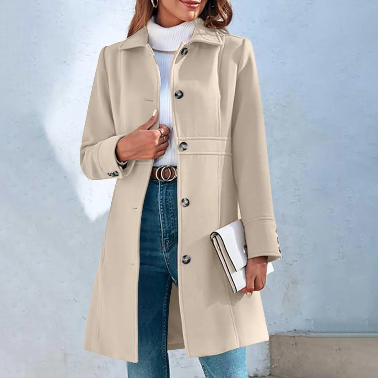 Women's Wool Blend Pea Coats Casual 2024 Lapel Collar Single Breasted Trench Coat Fall Winter Outerwear Mid Pea Coat