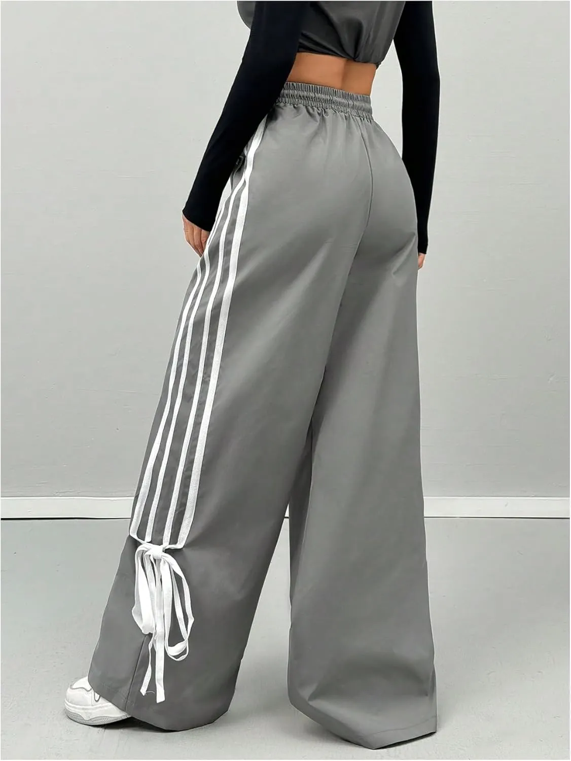 Women's Y2K Baggy Bow Wide Leg Pants Striped Track Elastic Waist Long Sweatpants Parachute Pants