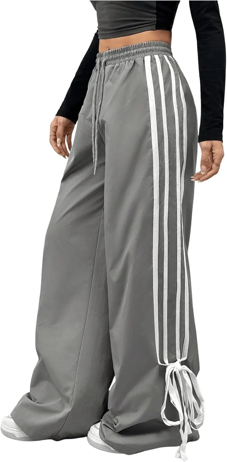 Women's Y2K Baggy Bow Wide Leg Pants Striped Track Elastic Waist Long Sweatpants Parachute Pants