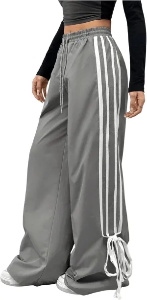 Women's Y2K Baggy Bow Wide Leg Pants Striped Track Elastic Waist Long Sweatpants Parachute Pants
