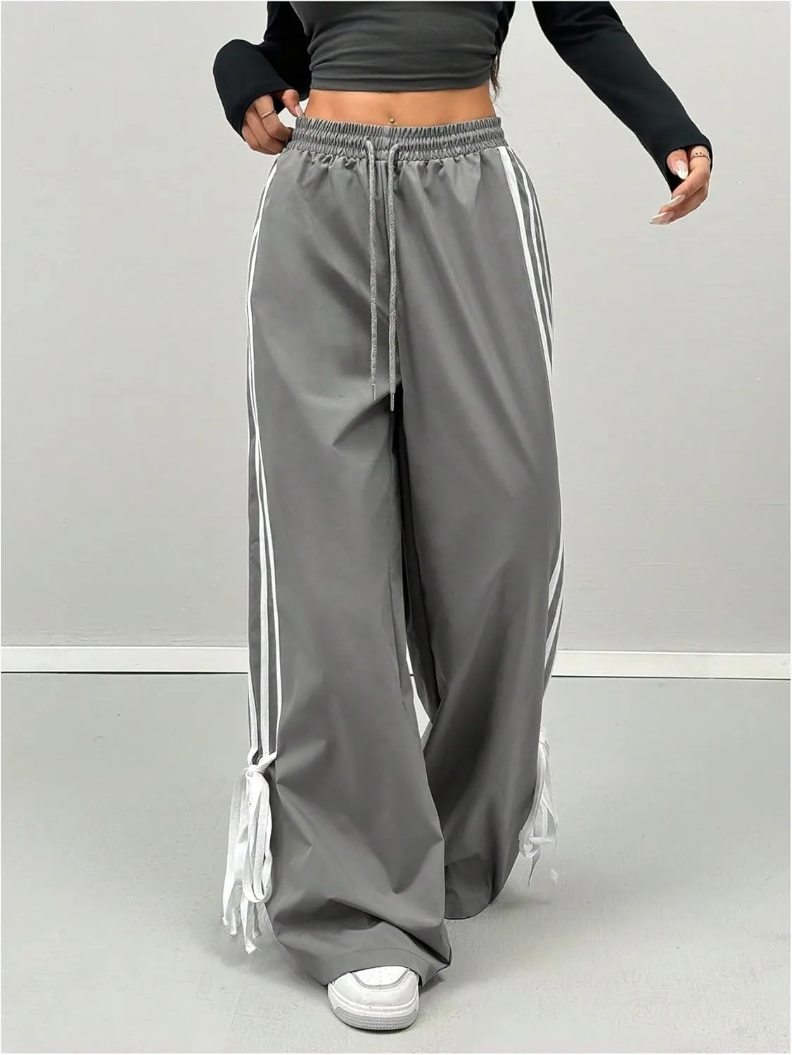 Women's Y2K Baggy Bow Wide Leg Pants Striped Track Elastic Waist Long Sweatpants Parachute Pants