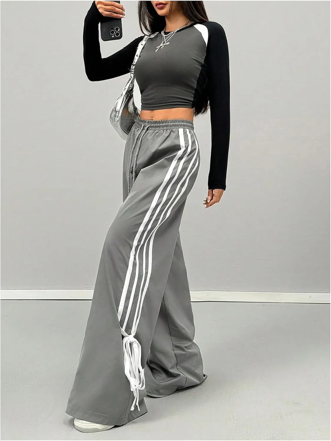 Women's Y2K Baggy Bow Wide Leg Pants Striped Track Elastic Waist Long Sweatpants Parachute Pants