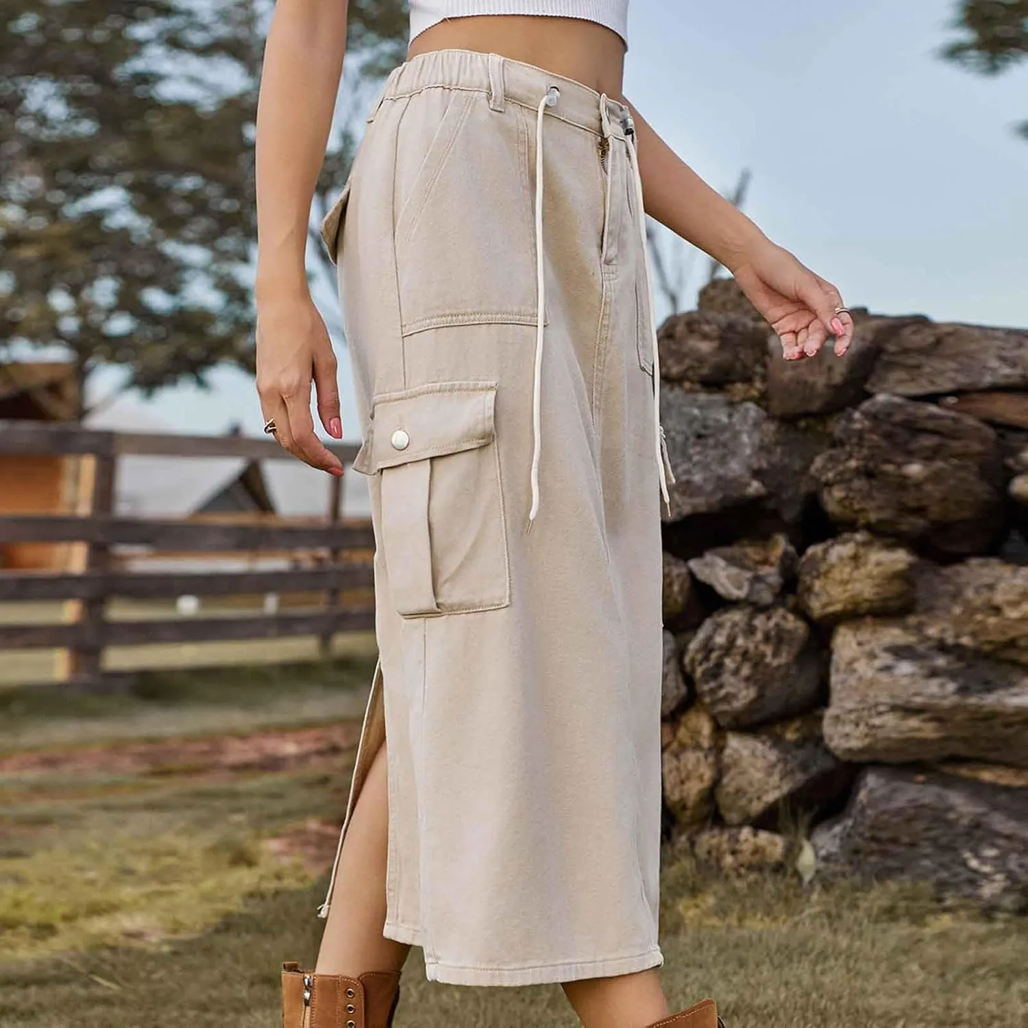 Women's Y2K Cargo Skirt High Waisted Adjustable Drawstring Casual A-Line Midi Long Skirt Teen Girls Summer Skirt 2025