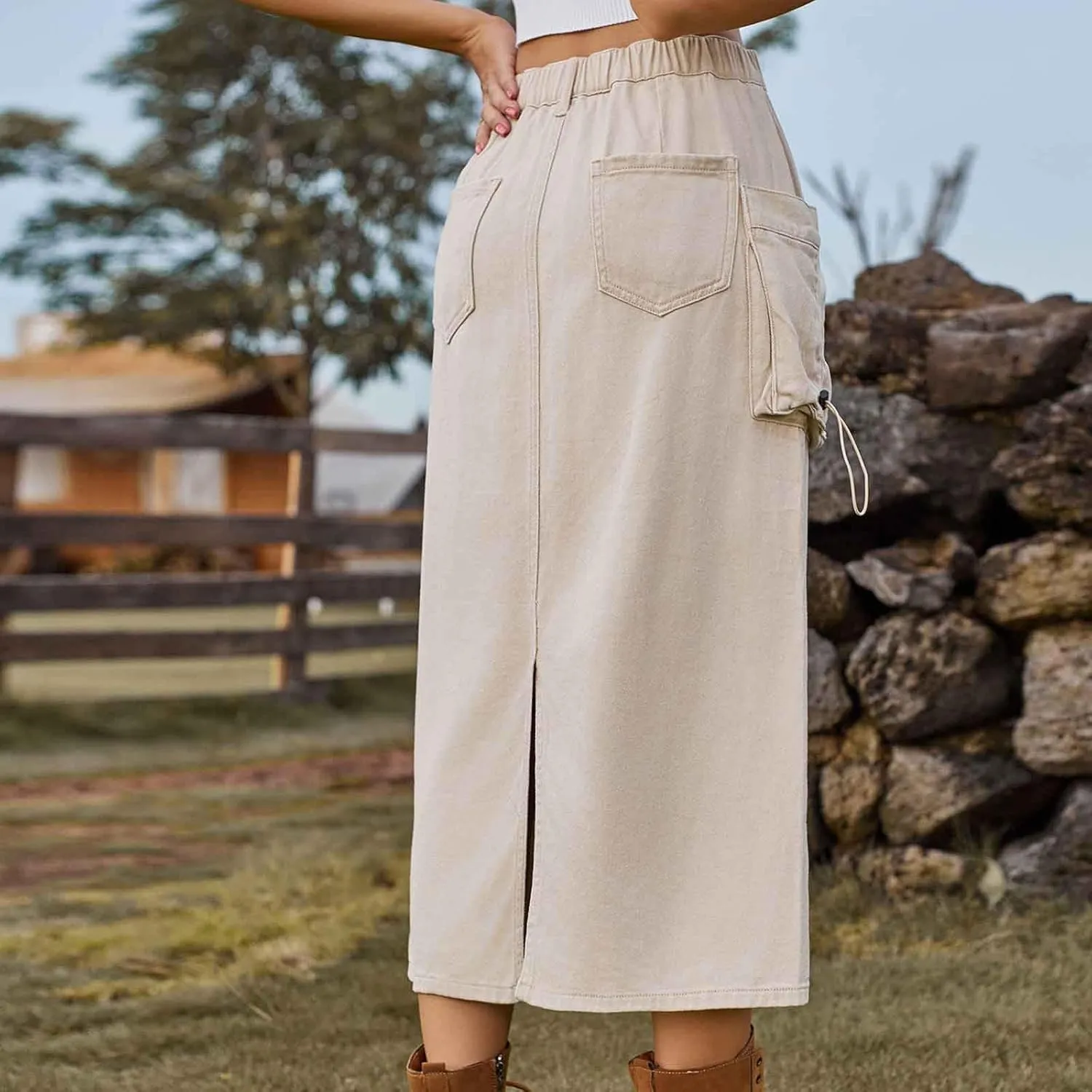 Women's Y2K Cargo Skirt High Waisted Adjustable Drawstring Casual A-Line Midi Long Skirt Teen Girls Summer Skirt 2025
