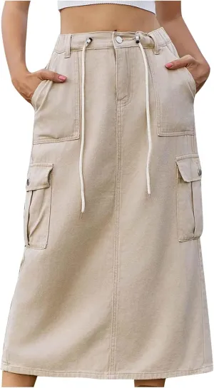 Women's Y2K Cargo Skirt High Waisted Adjustable Drawstring Casual A-Line Midi Long Skirt Teen Girls Summer Skirt 2025