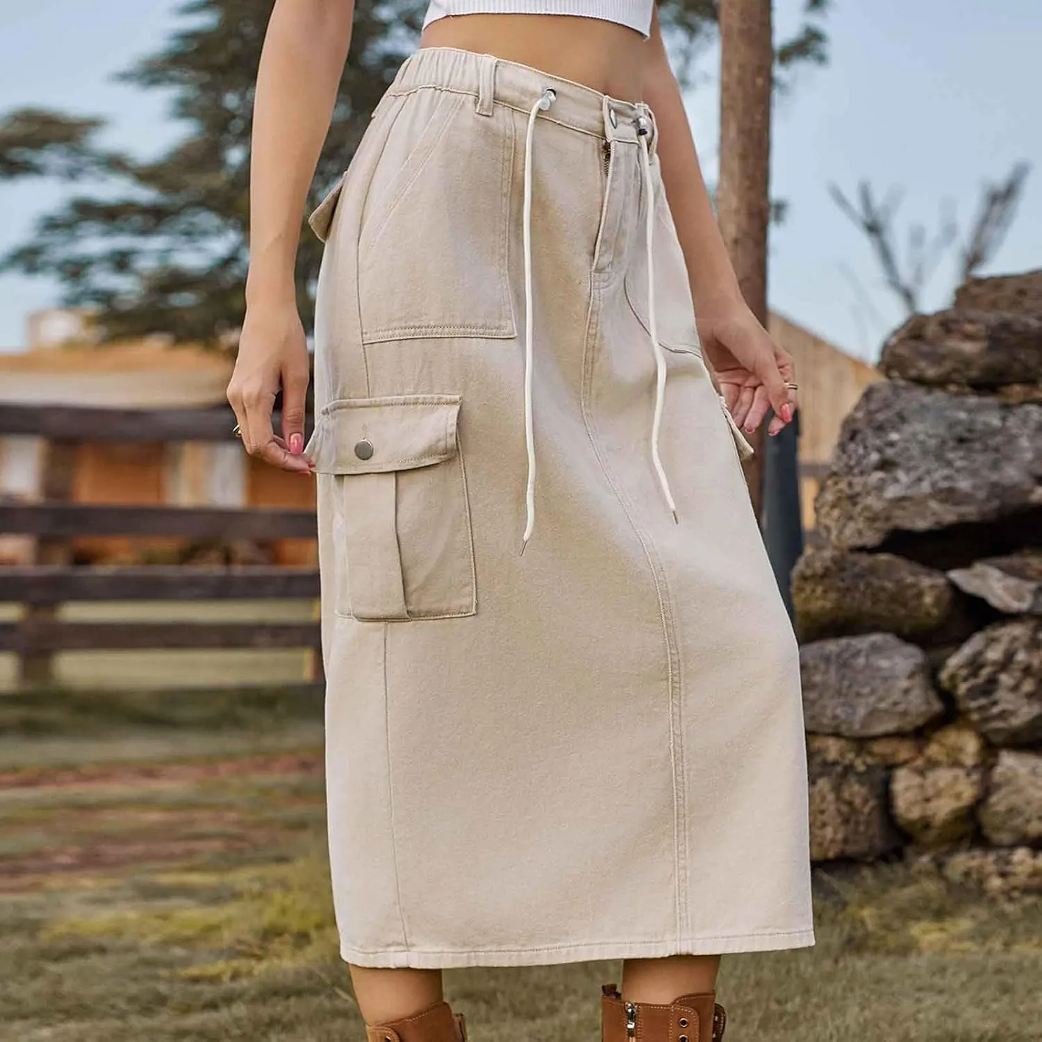 Women's Y2K Cargo Skirt High Waisted Adjustable Drawstring Casual A-Line Midi Long Skirt Teen Girls Summer Skirt 2025