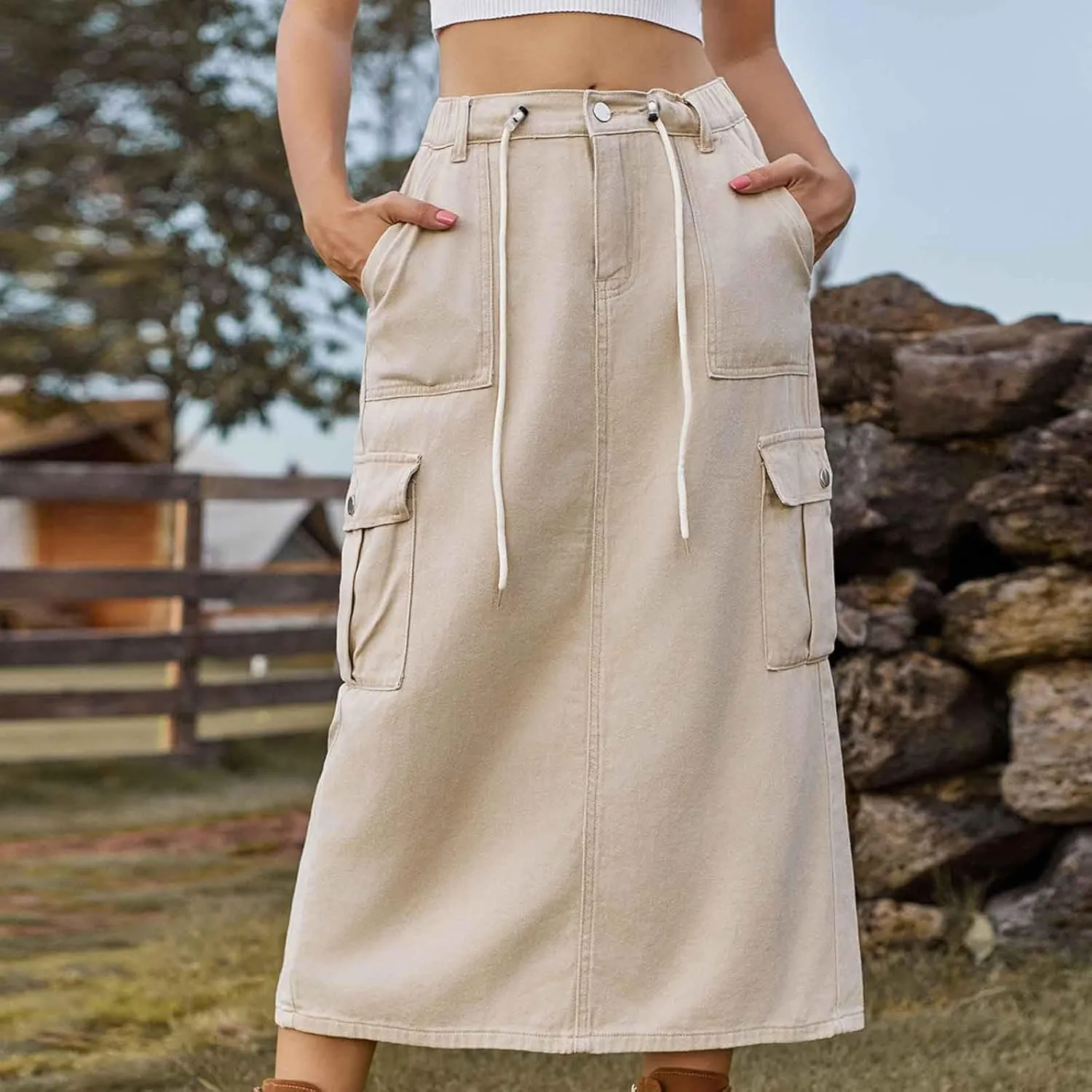Women's Y2K Cargo Skirt High Waisted Adjustable Drawstring Casual A-Line Midi Long Skirt Teen Girls Summer Skirt 2025