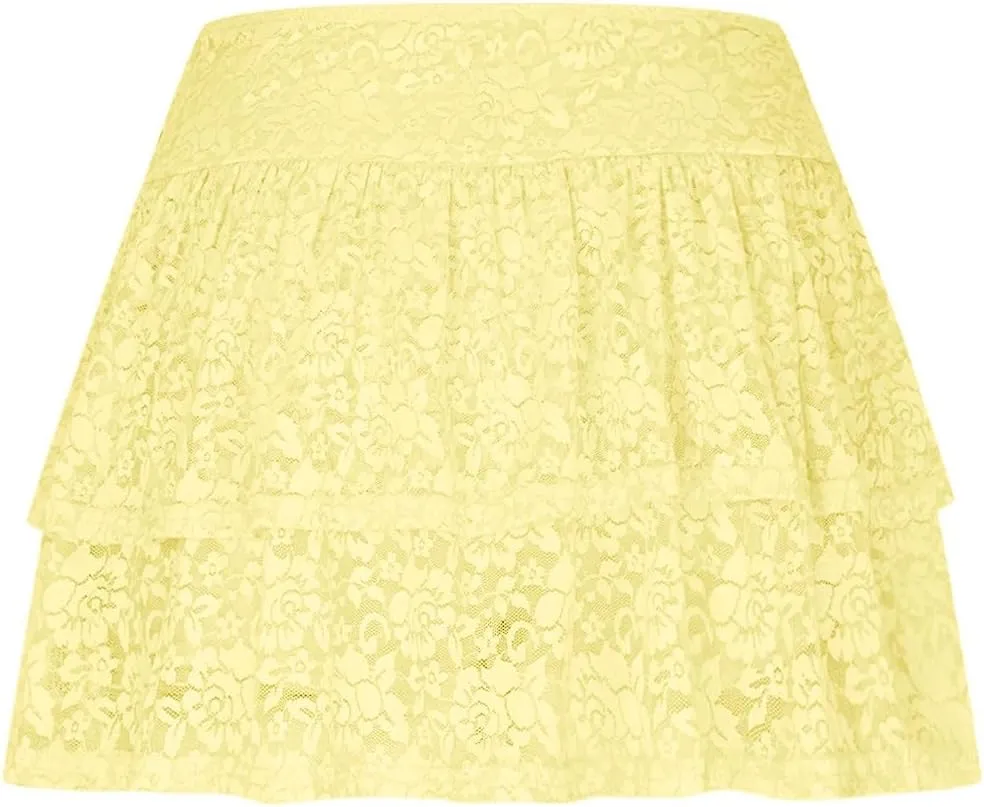 Womens Y2k Lace Mini Skirt Fairy Mesh Floral Mid Low Rise Ruffle Half Slip Skirt Sexy Layered Flowy Short Skirt