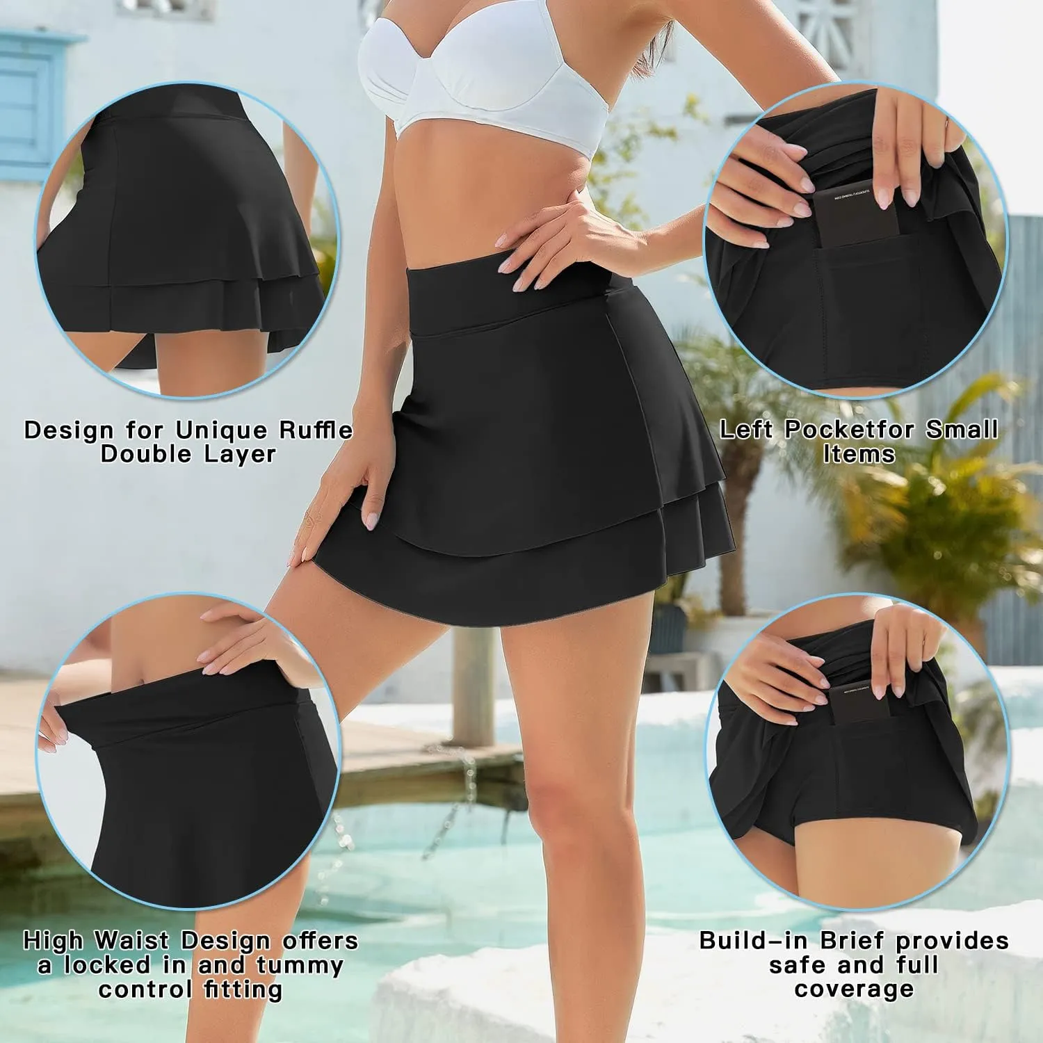 WOWENY Women's Swim Skirts Swimsuit High Waist Swimming Skorts with Shorts Bikini Bottoms with Pocket Bathing Suit Bottoms