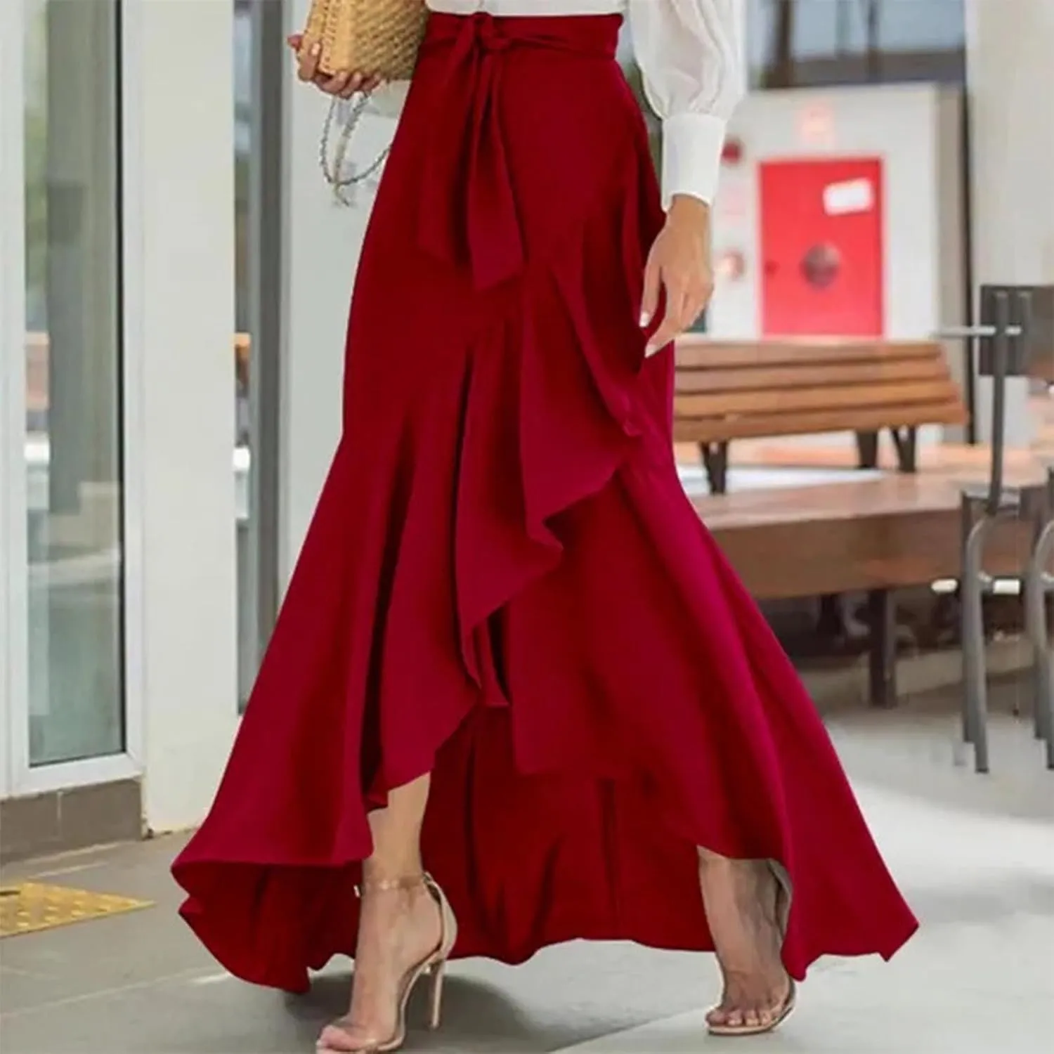 Wrap Long Skirt for Women Irregular Ruffle Hem Lace Up Elastic Waist Maxi Skirts Trendy Wedding Guest Skirt