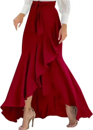 Wrap Long Skirt for Women Irregular Ruffle Hem Lace Up Elastic Waist Maxi Skirts Trendy Wedding Guest Skirt