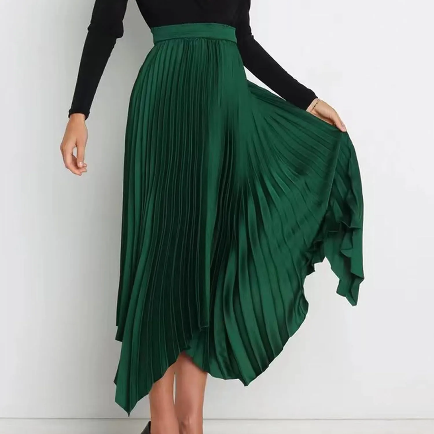 Xiaojmake Pleated Chiffon Skirts for Women High Elastic Waisted Flowy Asymmetrical Skirt Dressy High Low Summer Midi Skirts