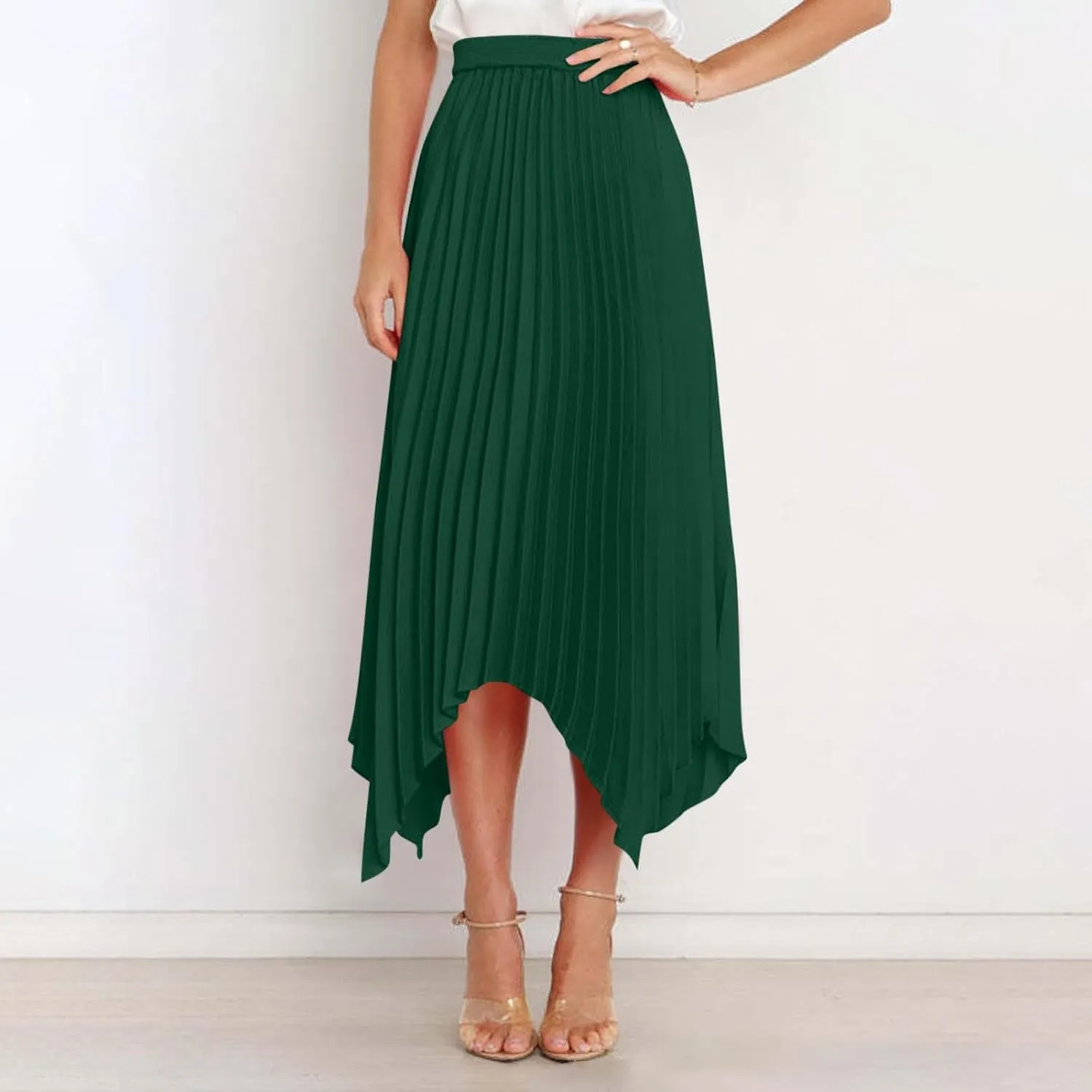 Xiaojmake Pleated Chiffon Skirts for Women High Elastic Waisted Flowy Asymmetrical Skirt Dressy High Low Summer Midi Skirts