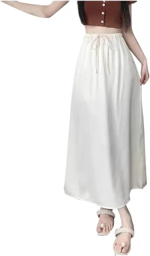Xiaojmake Women Drawstring High Elastic Waist Satin Maxi Skirt A Line Flared Solid Slim Fitted Going Out Casual Midi Skirts