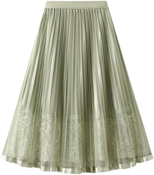 Yarn Skirt Half Length Skirt Women's New Pleated Skirt Spring and Autumn Midi Black Lace A-line Mesh Skirt Korean Skirt