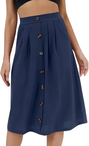 YOLAI Women Button Down Midi Skirt High Waist Pleated Loose Skirt Casual A-Line Business Work Skirts with Pockets