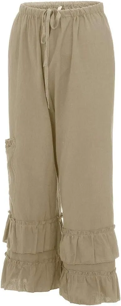 YOLAI Women Solid Cotton Linen Folds Trousers Casual Ruffled Loose Pants Drawstring Cropped Summer Beach Trousers