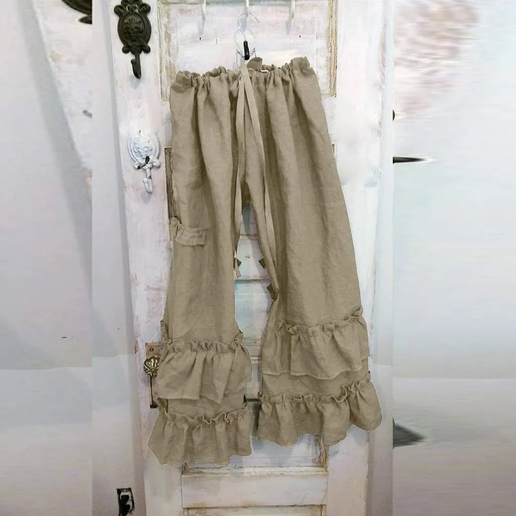 YOLAI Women Solid Cotton Linen Folds Trousers Casual Ruffled Loose Pants Drawstring Cropped Summer Beach Trousers