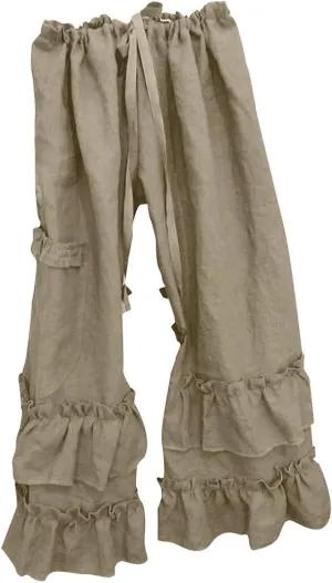 YOLAI Women Solid Cotton Linen Folds Trousers Casual Ruffled Loose Pants Drawstring Cropped Summer Beach Trousers