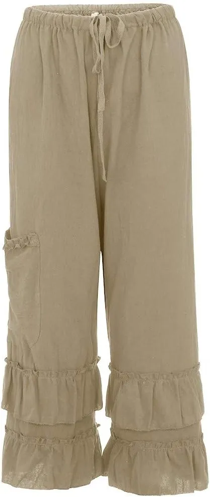 YOLAI Women Solid Cotton Linen Folds Trousers Casual Ruffled Loose Pants Drawstring Cropped Summer Beach Trousers