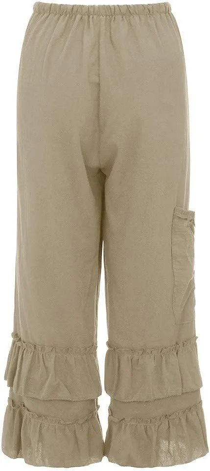YOLAI Women Solid Cotton Linen Folds Trousers Casual Ruffled Loose Pants Drawstring Cropped Summer Beach Trousers