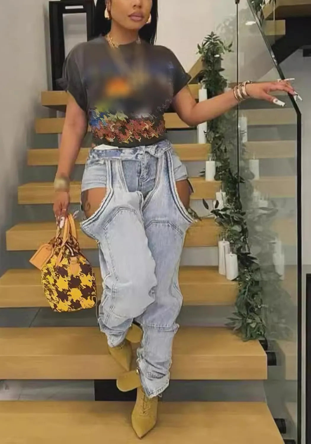 YOOTIKO Women Baggy Jeans Y2k High Waisted Wide Leg Boyfriend Patchwork Ripped Jeans Streetwear