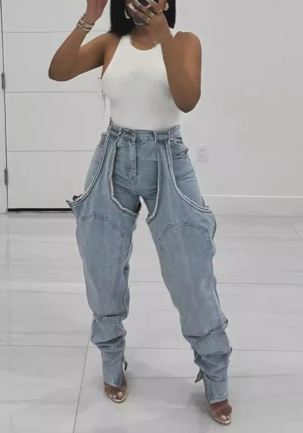 YOOTIKO Women Baggy Jeans Y2k High Waisted Wide Leg Boyfriend Patchwork Ripped Jeans Streetwear