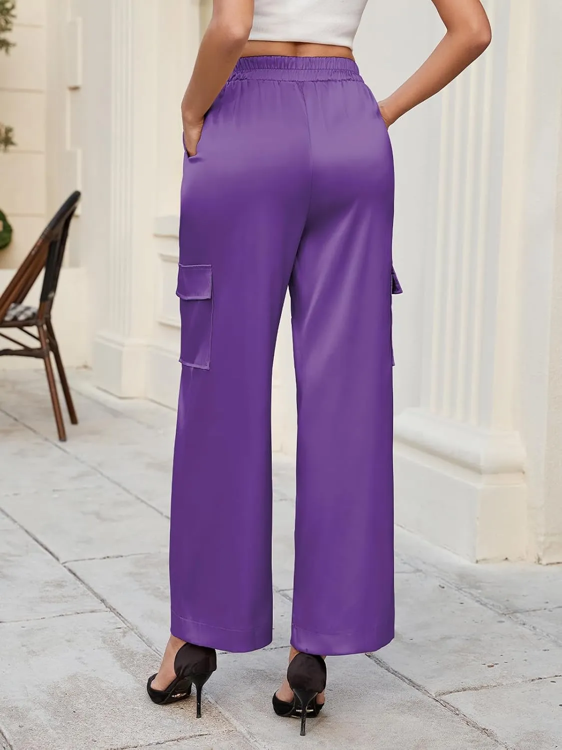 ZAFUL Womens Satin Pants Wide Leg High Waisted Cargo Pants Silky Dressy Casual Slack Trousers